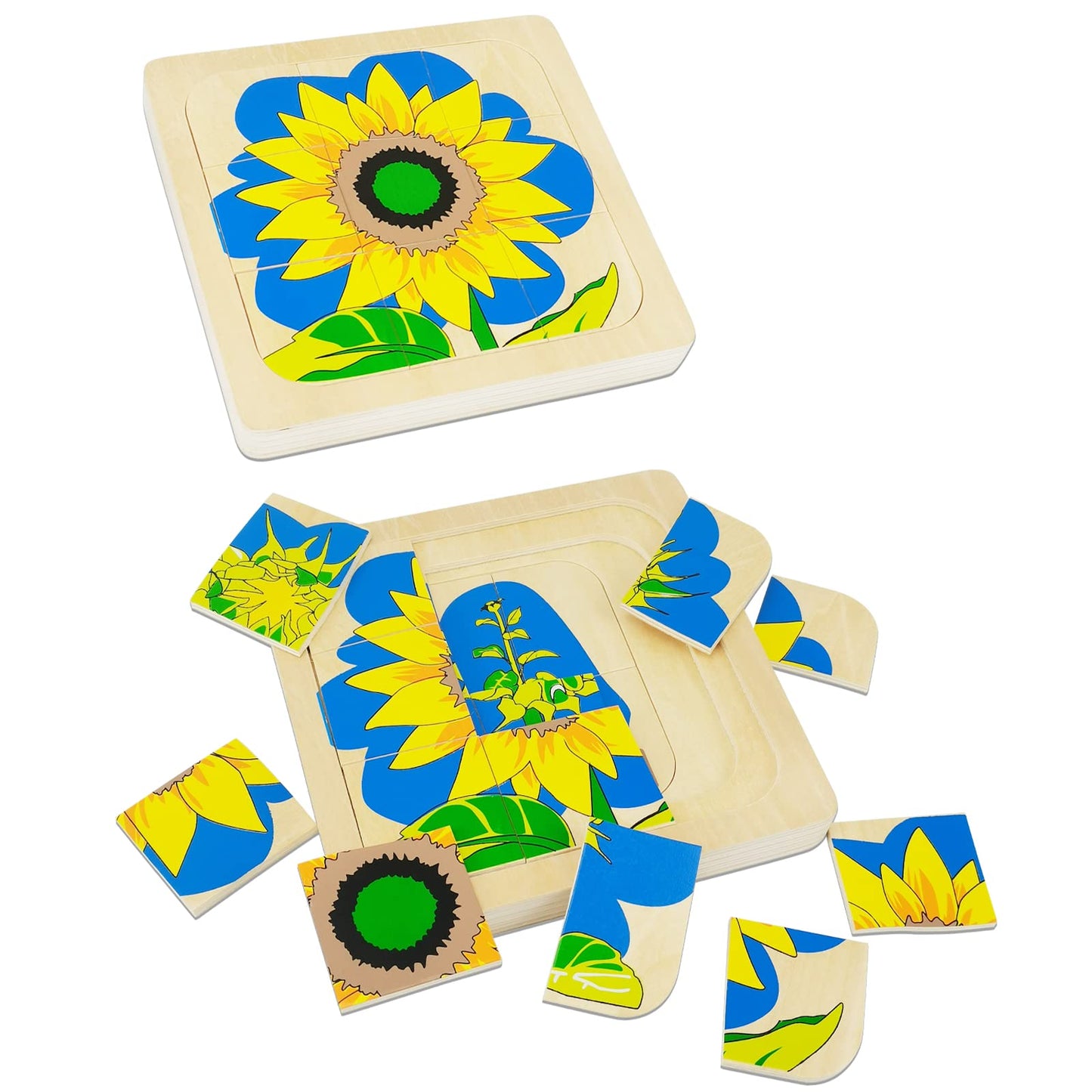 Montessori Wooden Puzzles for Kids Ages 4-8, 4 Layer Life Cycle Of Sunflower Jigsaw Puzzle for Toddlers, Children Preschool Learning Educational
