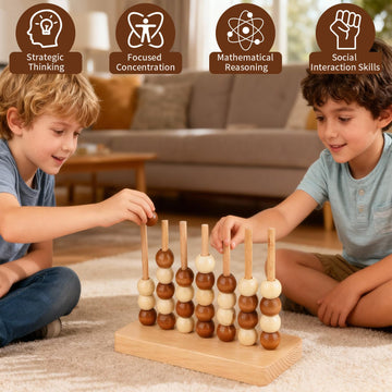Pefacy 4-in-a-Row Game, Wooden Strategy Board Game, Portable Travel Games 2-Player for Kids Ages 3+, Classic Family Tabletop Games with Storage Bag