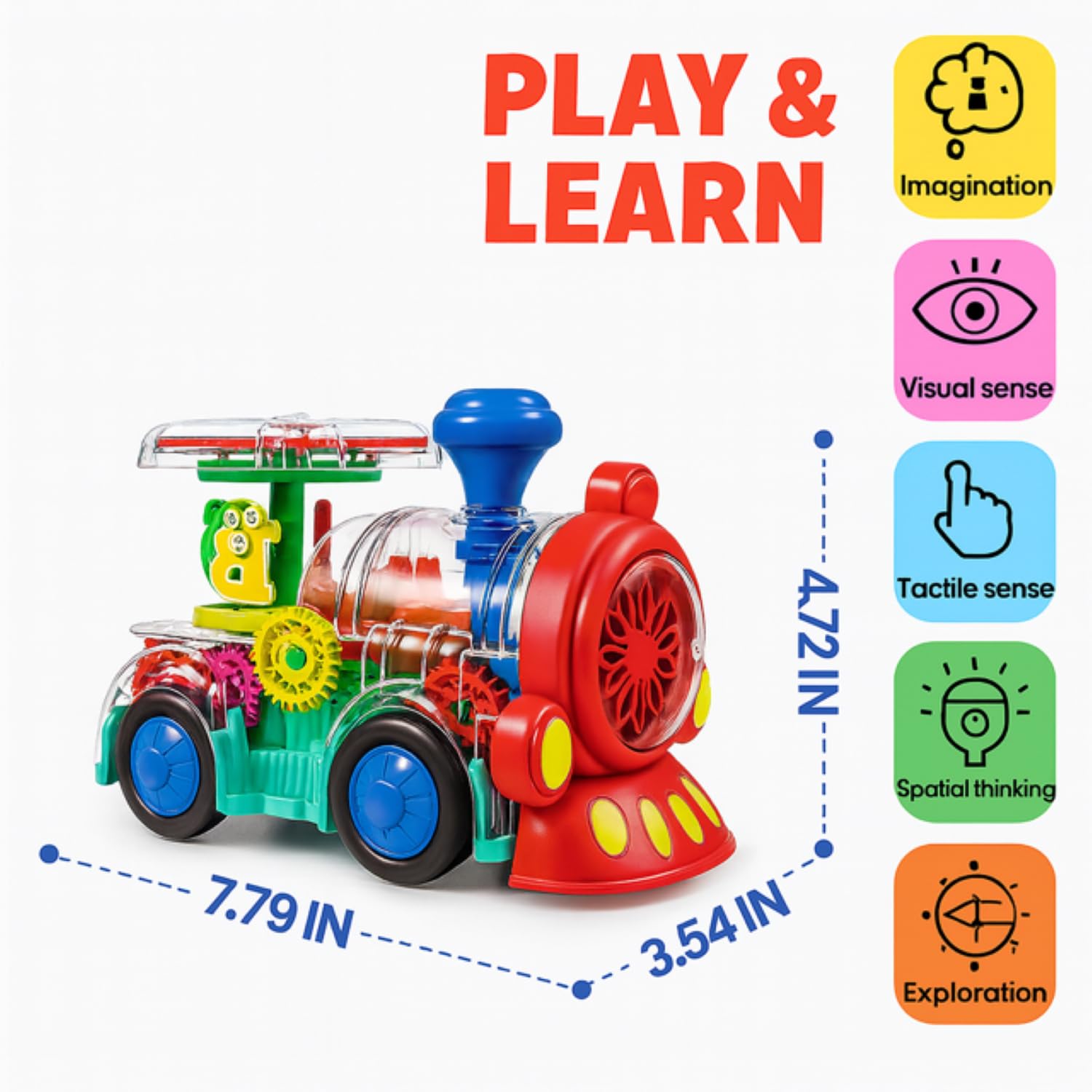 Tooty Toy Transparent Sensory Train Toy -Interactive Light up Toys for Kids- Musical Train Toys with LED Light for Toddlers- Colorful Moving Gears