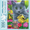 Bits and Pieces - 300 Piece Jigsaw Puzzle for Adults - Chillin in Misty's Garden - Cat Flower Mouse Butterfly Pet Kitten Jigsaw Puzzle by Artist