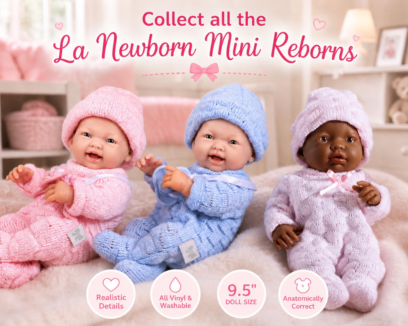 JC Toys - Mini La Newborn First Day | Anatomically Correct Real Girl Baby Doll | 9.5" All-Vinyl | Includes Knit Outfit, Hat and Pacifier | Designed by