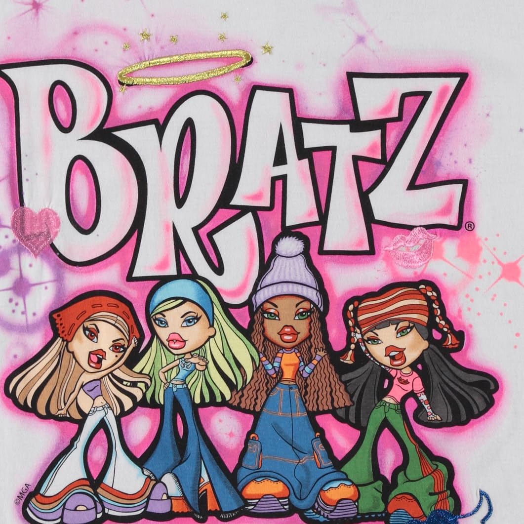 Bratz Ladies Original Dolls Shirt - Yasmin, Cloe, Jade, and Sasha 1990's Vintage Throwback Graphic T-Shirt (White Embroidered, Large)