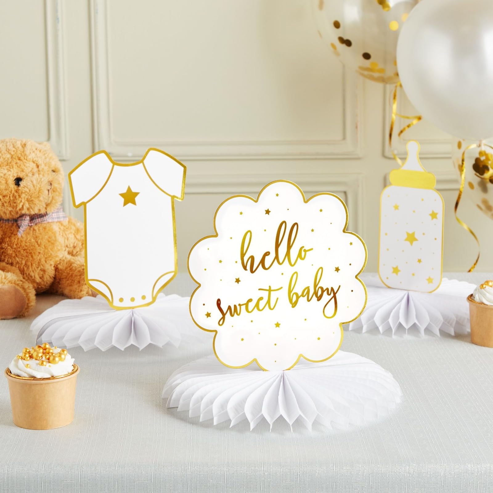 Sparkle and Bash Baby Shower Decorations & Centerpieces - 12-Piece White & Gold Honeycomb Paper Set - Gender Neutral Table Toppers & Table Top Decor
