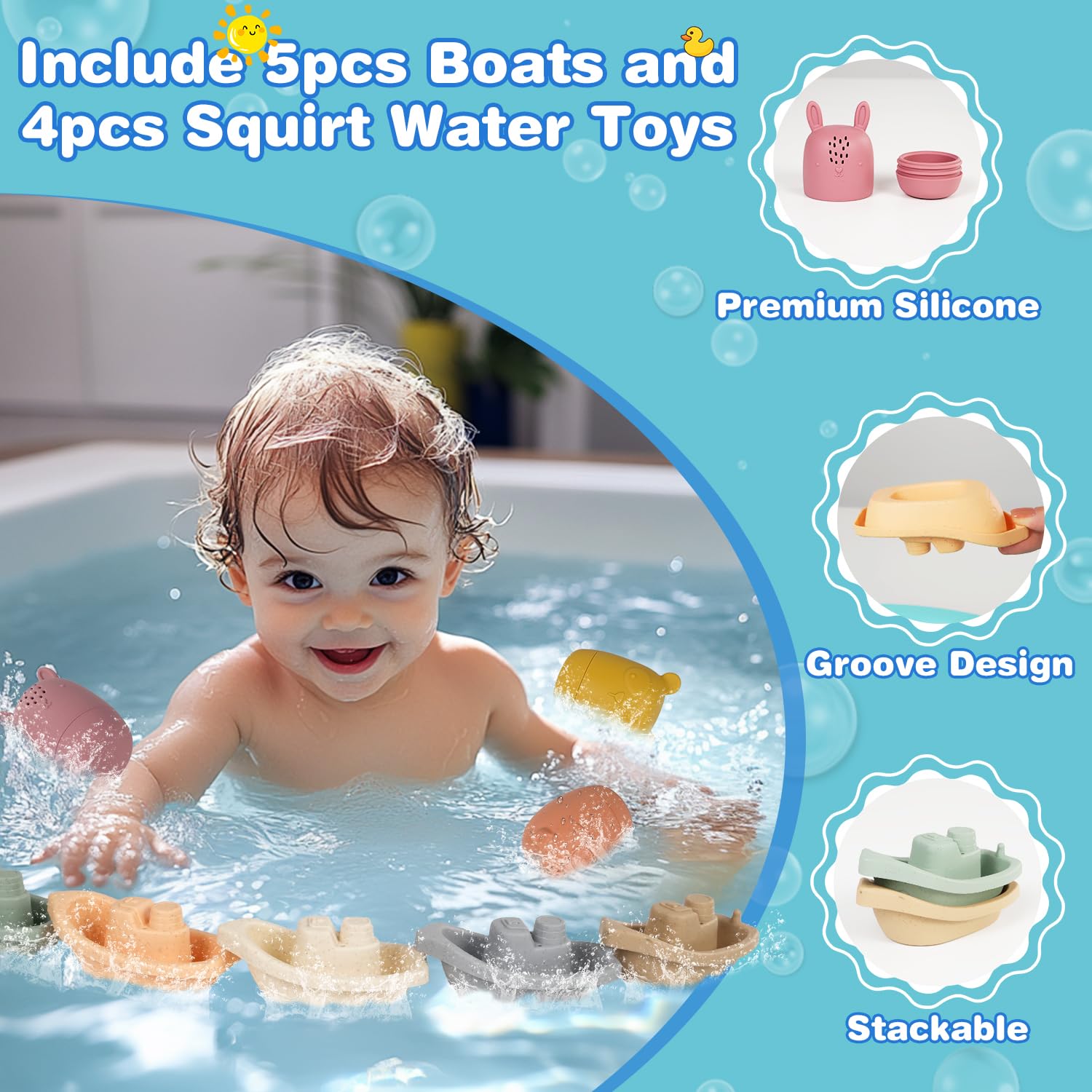 Baby Bath Toys Stackable Boats with Soft Silicone Squirt Water Animal Toys, 9 Pcs Floating Stacking Boat Bathtub Shower Pool Beach Toys for Toddler