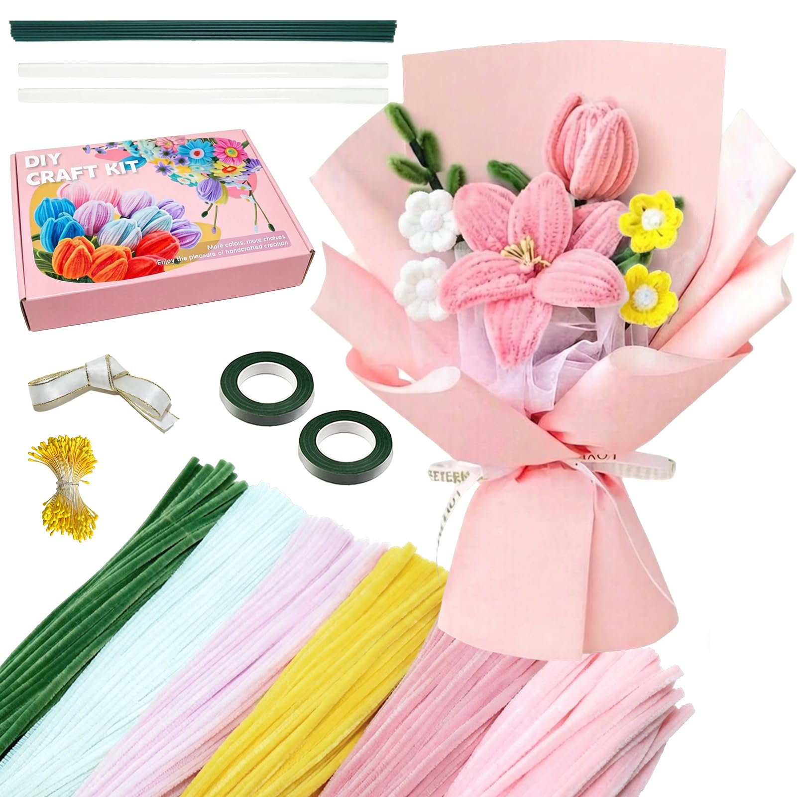YLDAFUQE 600 Pcs Pipe Cleaners Craft, 6 Colors Pipe Cleaners Bulk Flower Kit, Chenille Stems for DIY Flower Making Kit with Floral Wires, Gardening