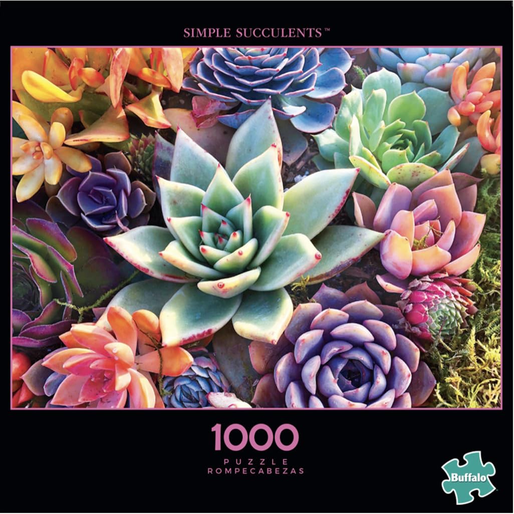 Buffalo Games - 500 Piece Wooden Jigsaw Puzzle Simple Succulents, Whimsy Cut Pieces, 26.75 x 19.75, Poster, Cloth Bag, Wooden Box, Adults 14+