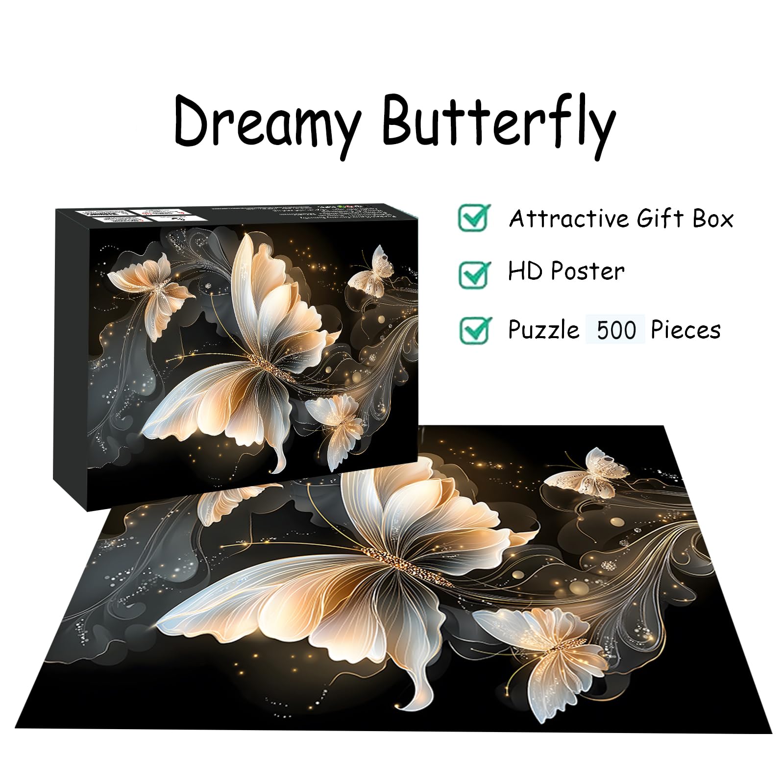 Puzzles for Adults 500 Pieces, Butterfly Jigsaw Puzzles - Dreamy Butterfly, Impossible Diamond Art Puzzle for Seniors Families, 20.47x14.96 Inches