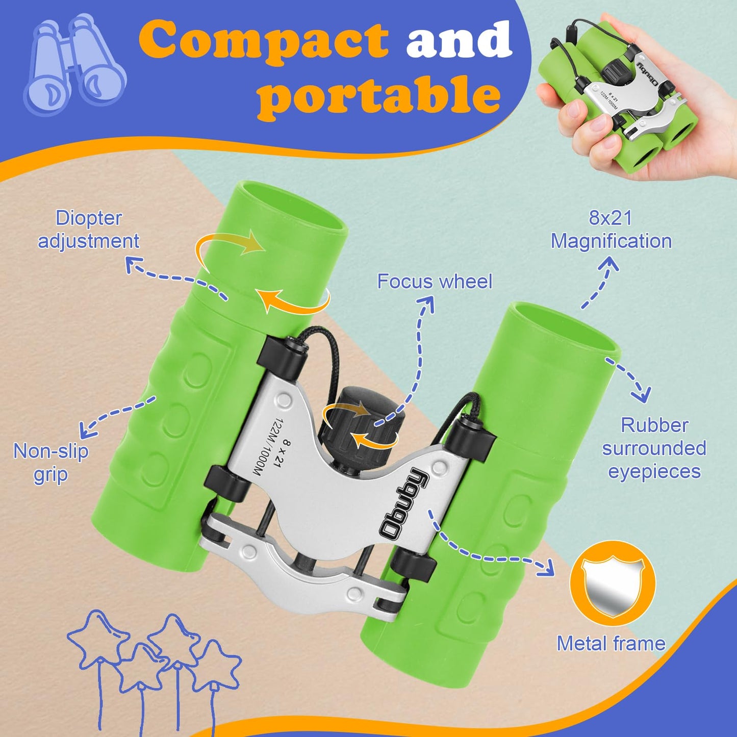Obuby Real Binoculars for Kids Gifts for 3-12 Years Boys Girls 8x21 High-Resolution Optics Mini Compact Binocular Toys Shockproof Folding Small