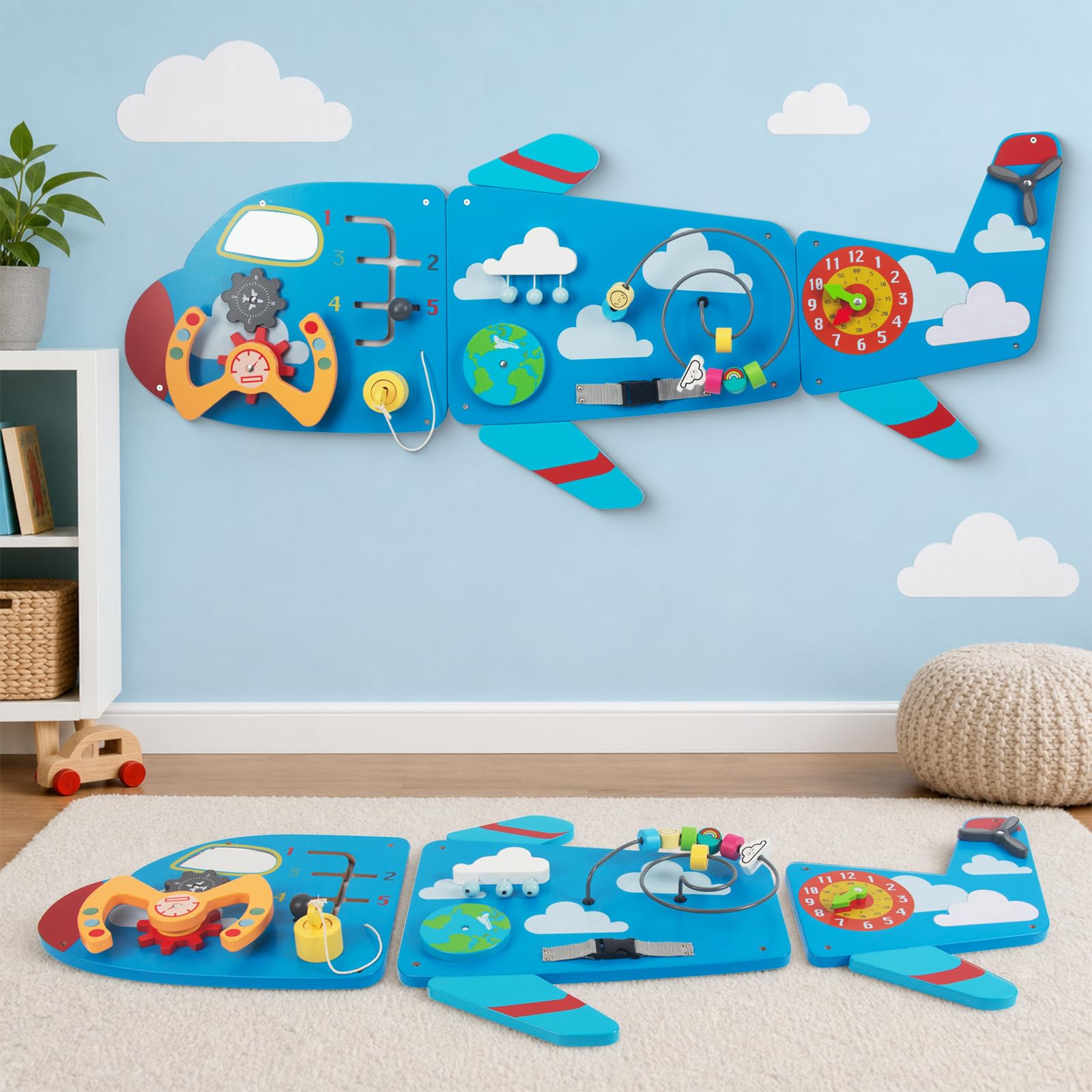 WOODENFUN Wooden Activity Wall Busy Board for Toddlers, 12 in 1 Airplane Montessori Sensory Wall Panel with Bead Maze, Baby Learning Toys for Boys
