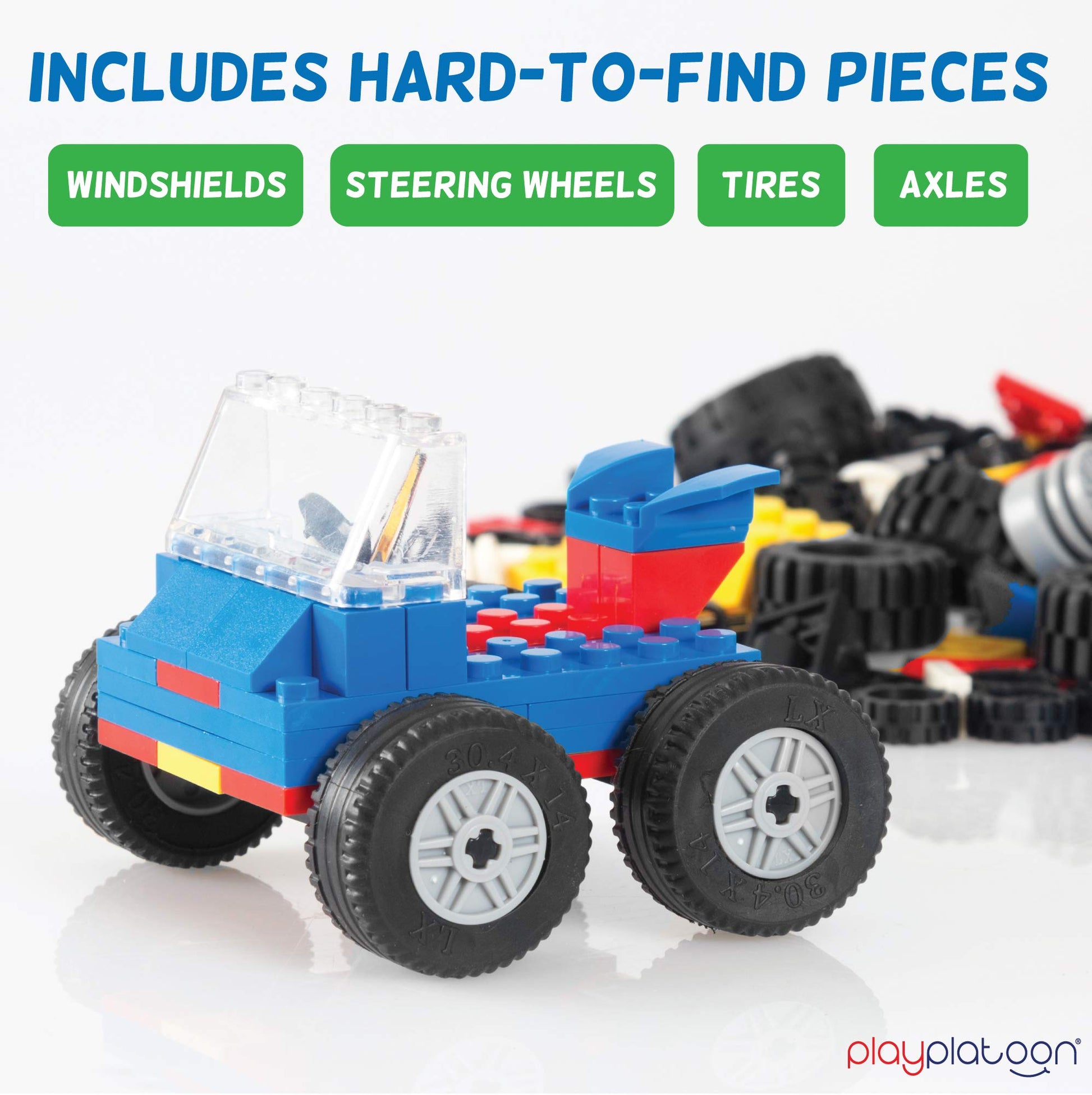 Play Platoon 400 Piece Wheels and Axles Sets, Building Bricks Car Parts & Pieces Kit - Car Building Set with Wheels, Axles & Windshields and Bonus
