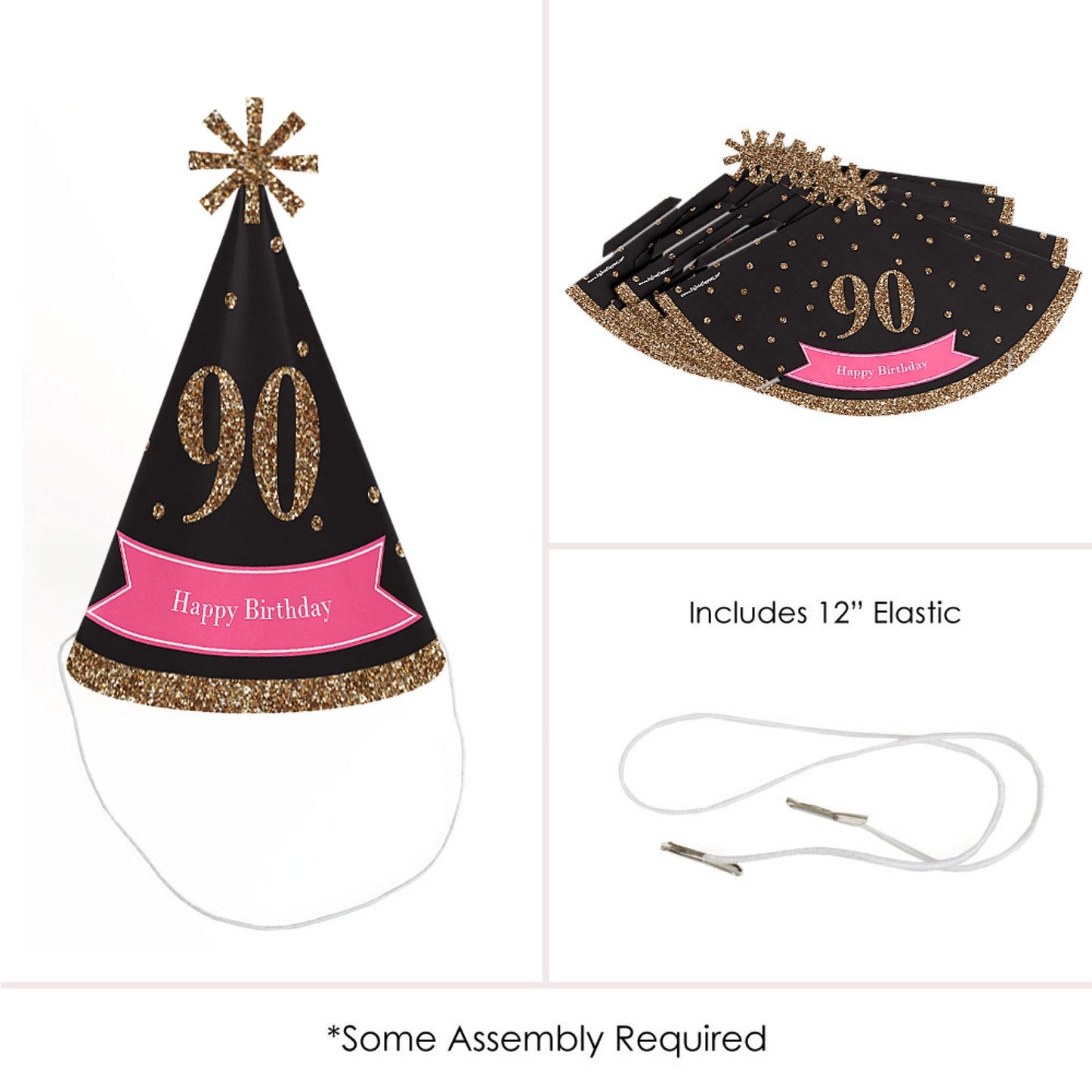Big Dot of Happiness Chic 90th Birthday - Pink, Black and Gold - Cone Happy Birthday Party Hats for Adults - Set of 8 (Standard Size)