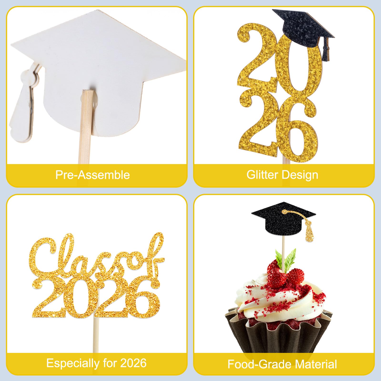 24 Pcs Graduation Cupcake Toppers 2026 - Congrats Grad Decorations Class of 2026, Pre-Assembled Black Gold Grad Cake Topper Centerpieces