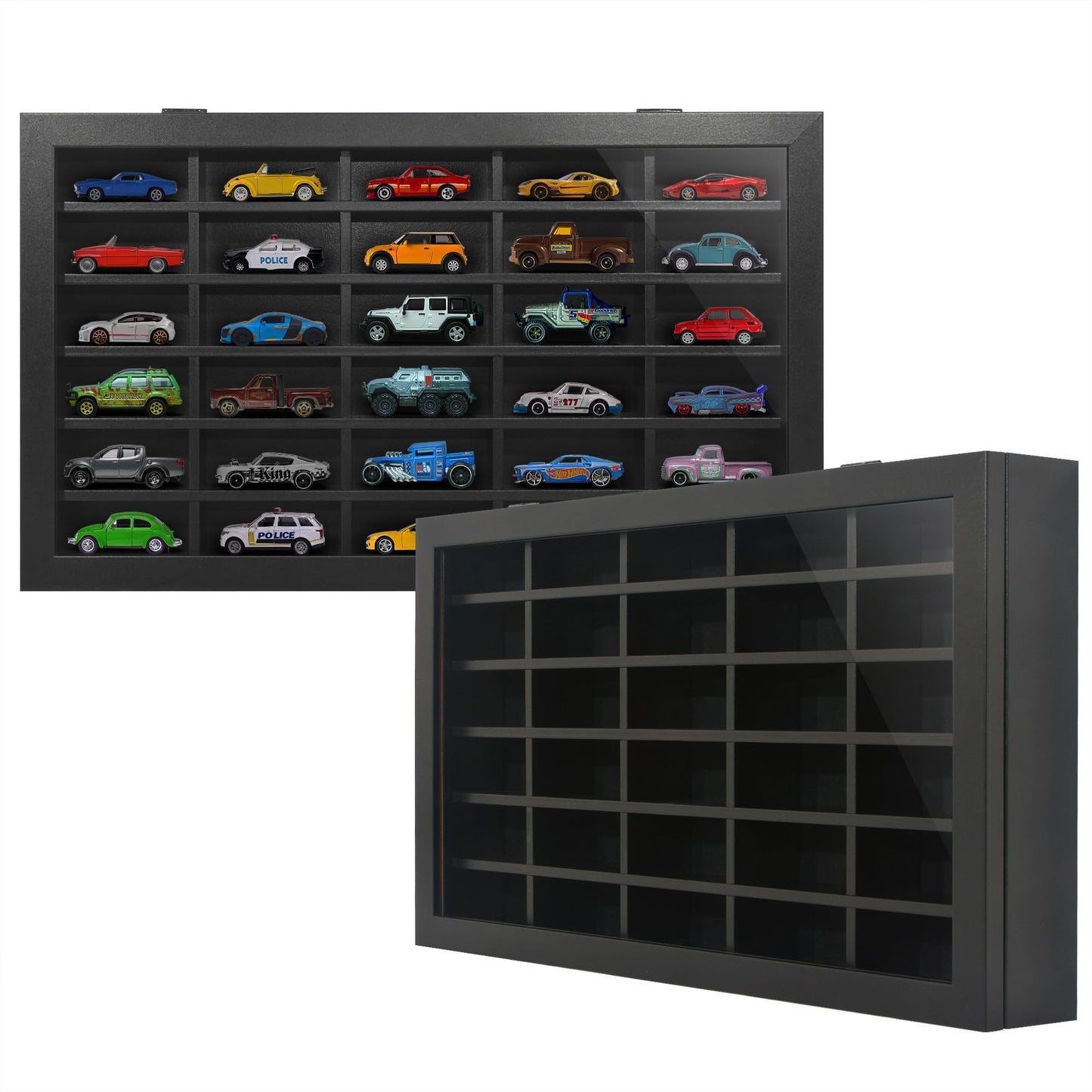 Americanflat 11x18 Toy Car Display Case - Holds up to 30 Cars - Model Car Displays with Removable Shelves and Shatter-Resistant Glass - Wall Mounted