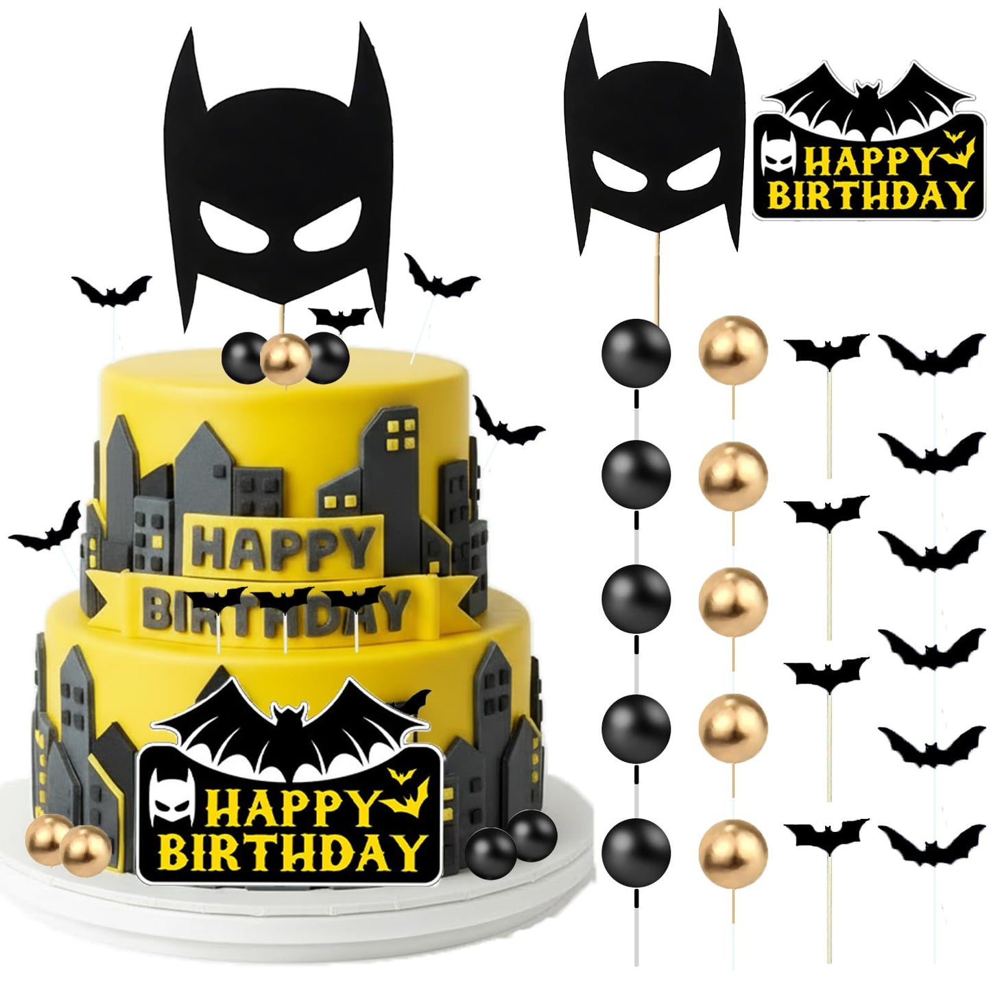 SWIMDOG Superhero Cake Topper Decorations, Bat Cupcake Toppers, Happy Birthday Decorations for Hero Themed Party Supplies