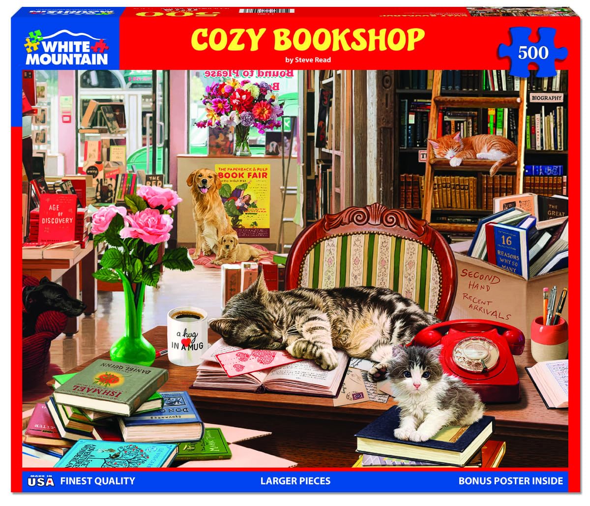 White Mountain 500 Piece Jigsaw Puzzle Cat & Dog Book Gift, Cozy Bookshop