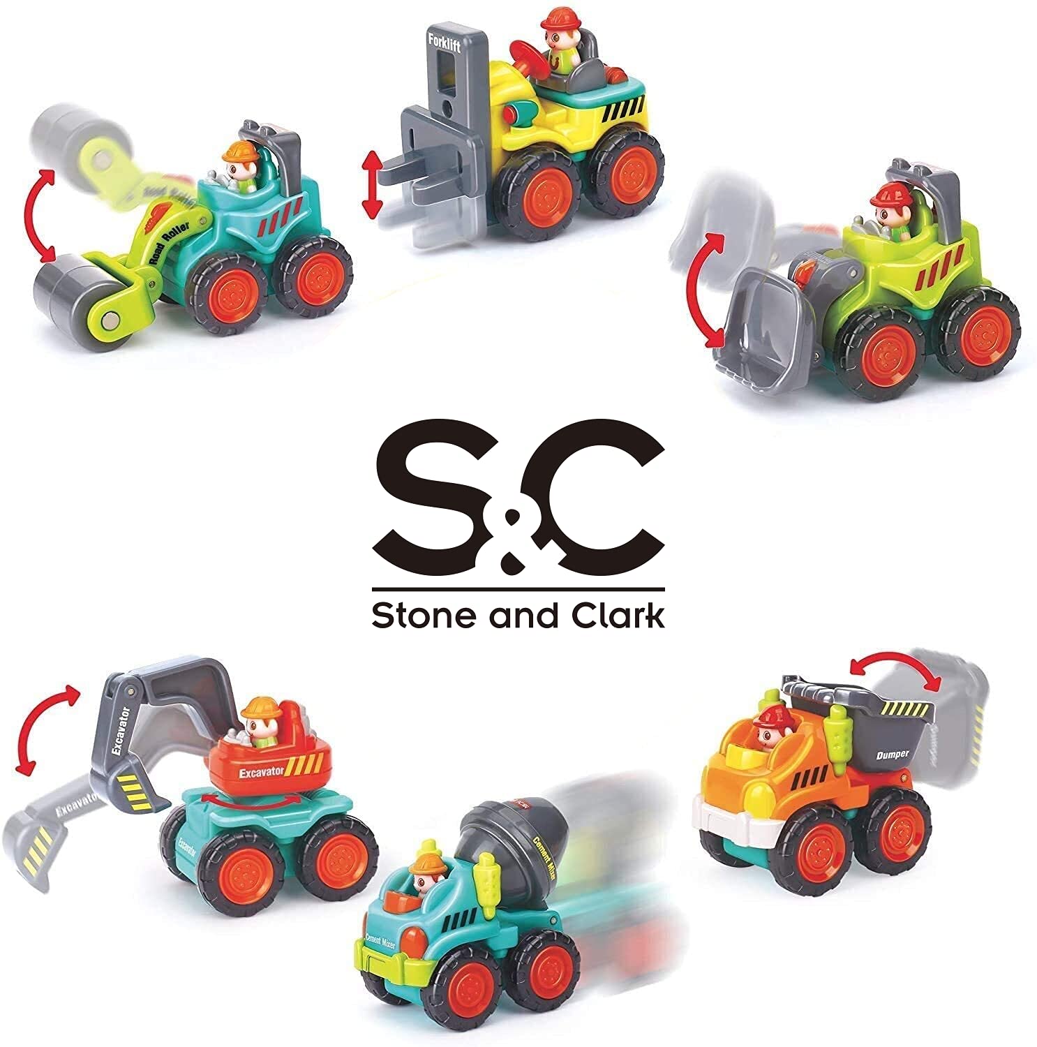 6 Pieces Construction Vehicles Toy Trucks Set - Bulldozer, Cement Mixer, Dumper, Forklift, Excavator and Road Roller for Your Little Contractor - Push