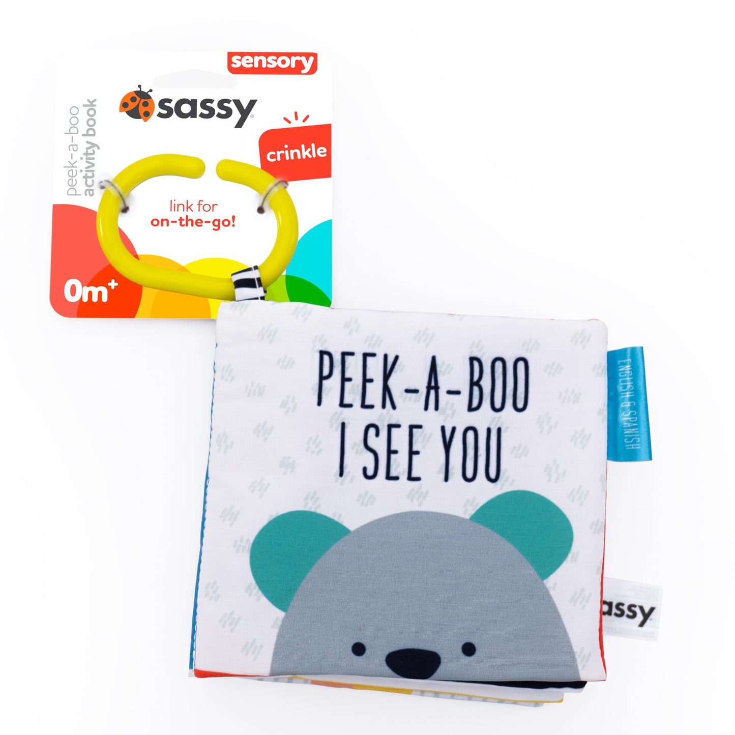 Sassy Peek-a-Boo Activity Book with Attachable Link for On-The-Go Travel, Sensory Play, Black & White, Ages 0+ Months