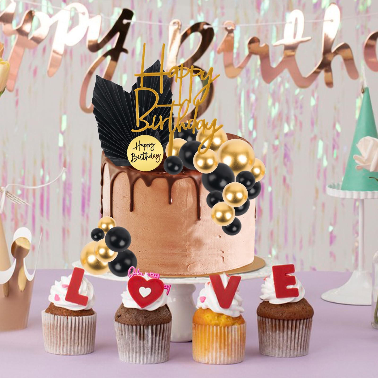 36 PCS Mini Ball Cake Topper Cupcake Insert Acrylic Cake Topper Cake Decorations for Black Boho Wedding Birthday Party Baby Shower Supplies (Black