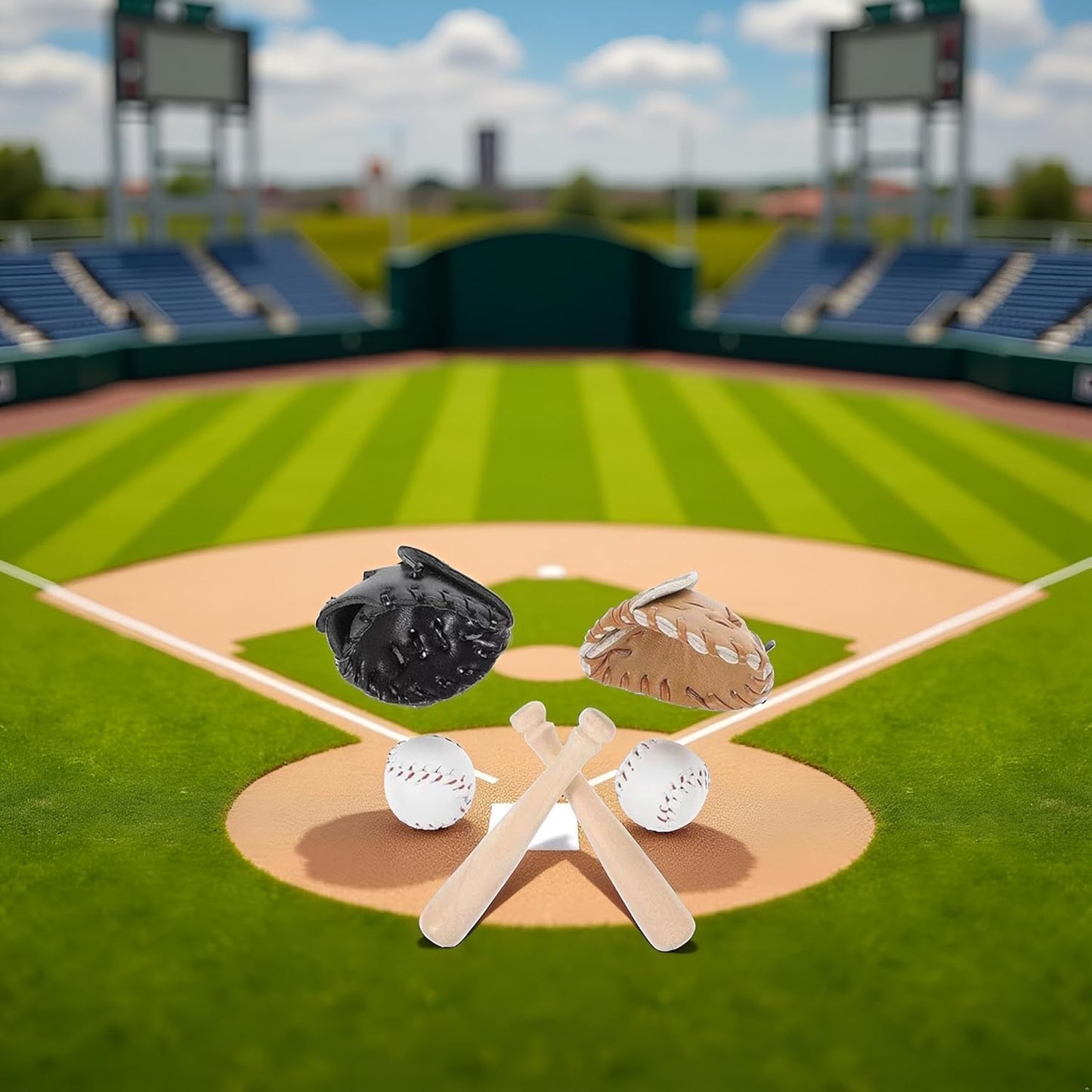 2Set 1/12 Scale Miniature Baseball Set (Bat, Glove and Ball),Black Cake Toppers and Dollhouse Accessories,Mini Sports Decor for Desktop Display, DIY
