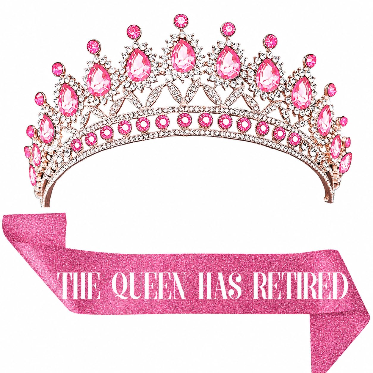 JPACO Retirement Tiara & Sash Set - “The Queen Has Retired” Crown & Sash for Parties, Events & Celebrations (Pink)