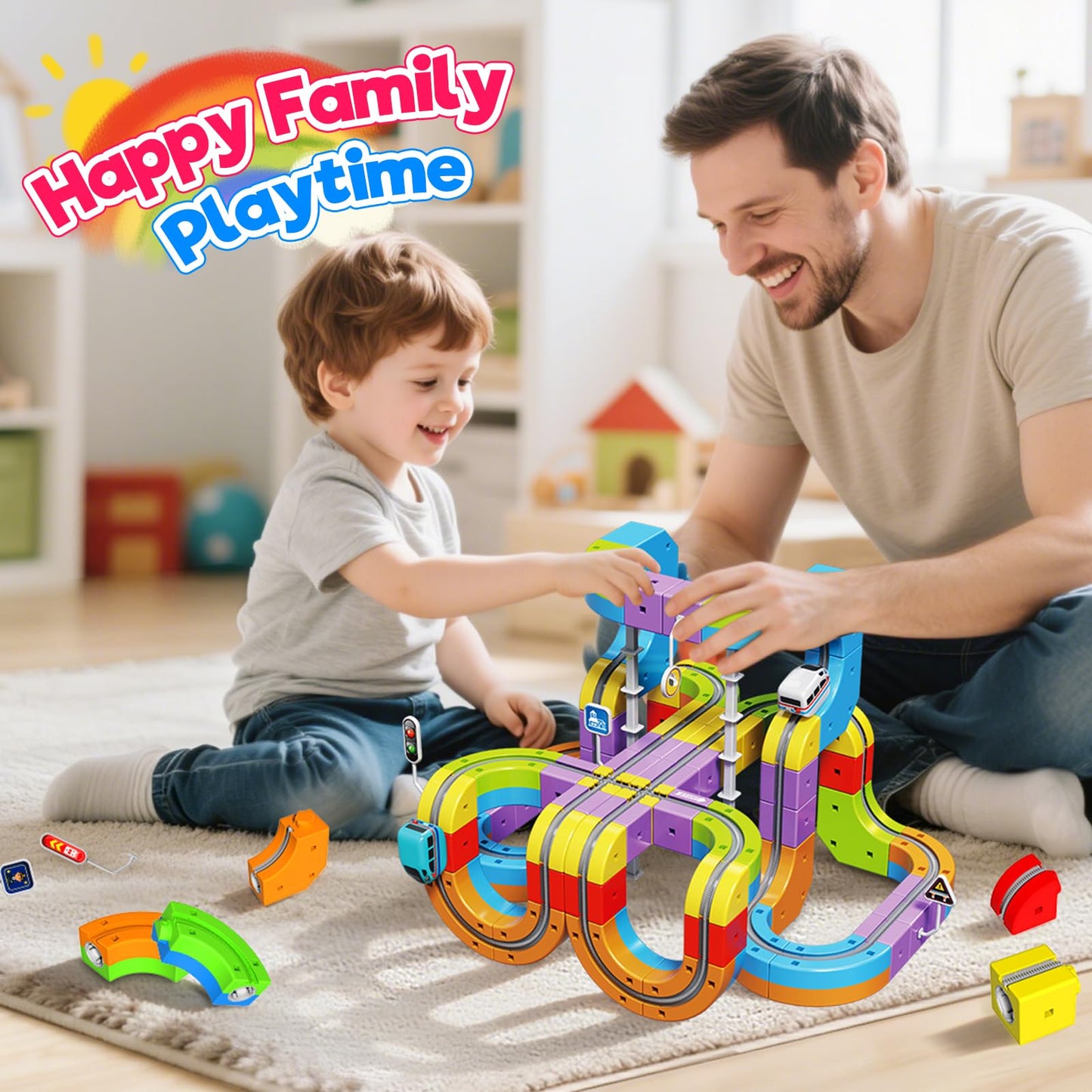 Electric Train Set for Kids, 110PCS 3D Racing Track Sets with Electric Train, Traffic Signs, STEM Train Toys Birthday Gifts for Boys and Girls Age 3+