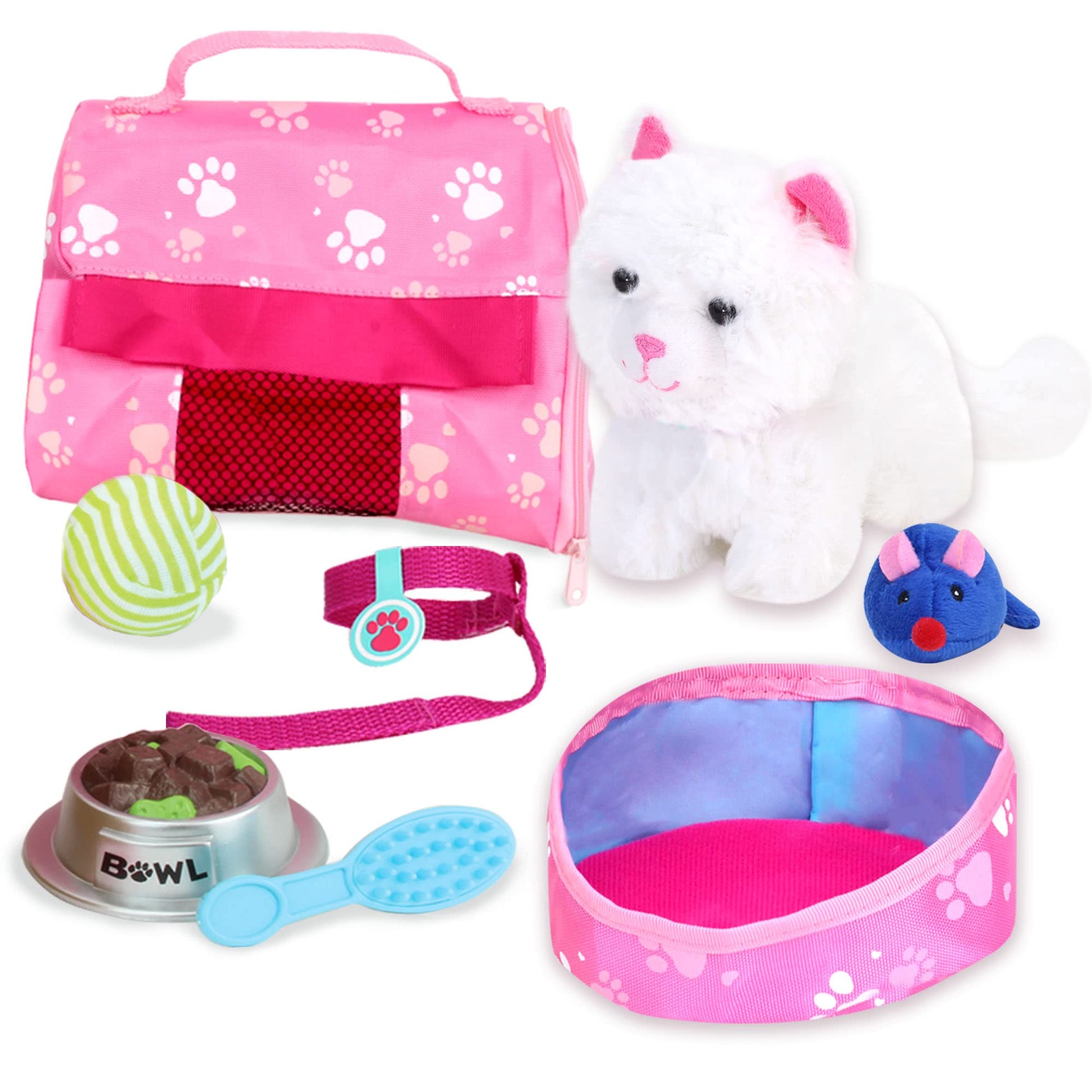 Sophia's 18" Doll 10 pc. White Plush Kitten, Carrier, and Accessories