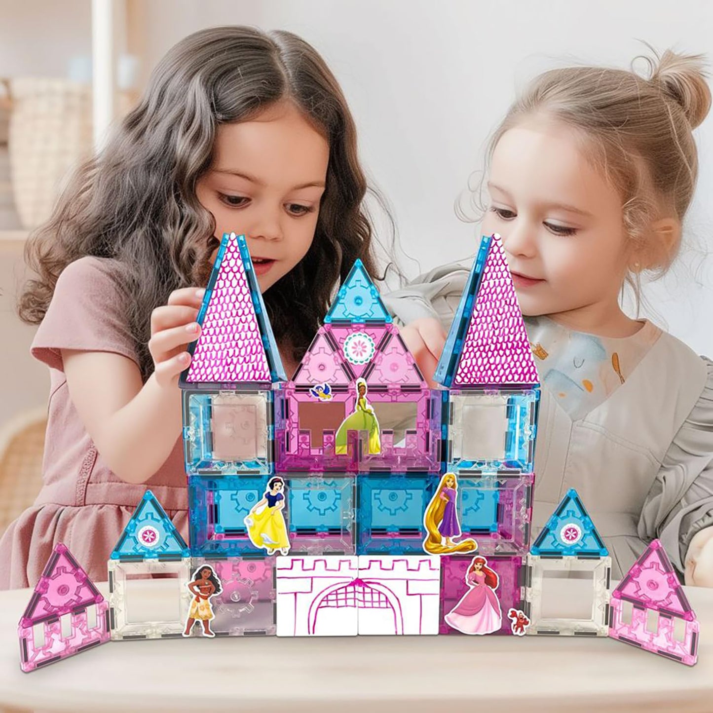 Tytan Official Disney Princess Magnetic Tile Castle - 70-Piece STEAM Toy with Vibrant Tiles, Reusable Disney Princess Stickers, Dry-Erase Decals