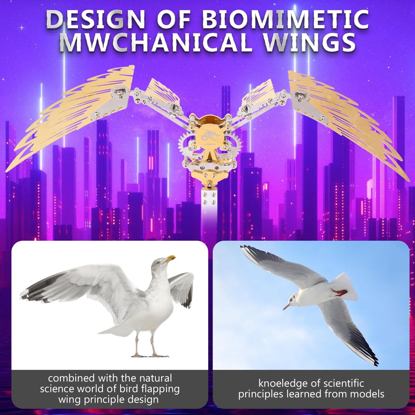 LONGPIN Flying Wings 3D Metal Puzzle Kit - Mechanical Biomimetic Wings with Micro Motor, DIY Kinetic Sculpture for Adults, Precision Electroplating