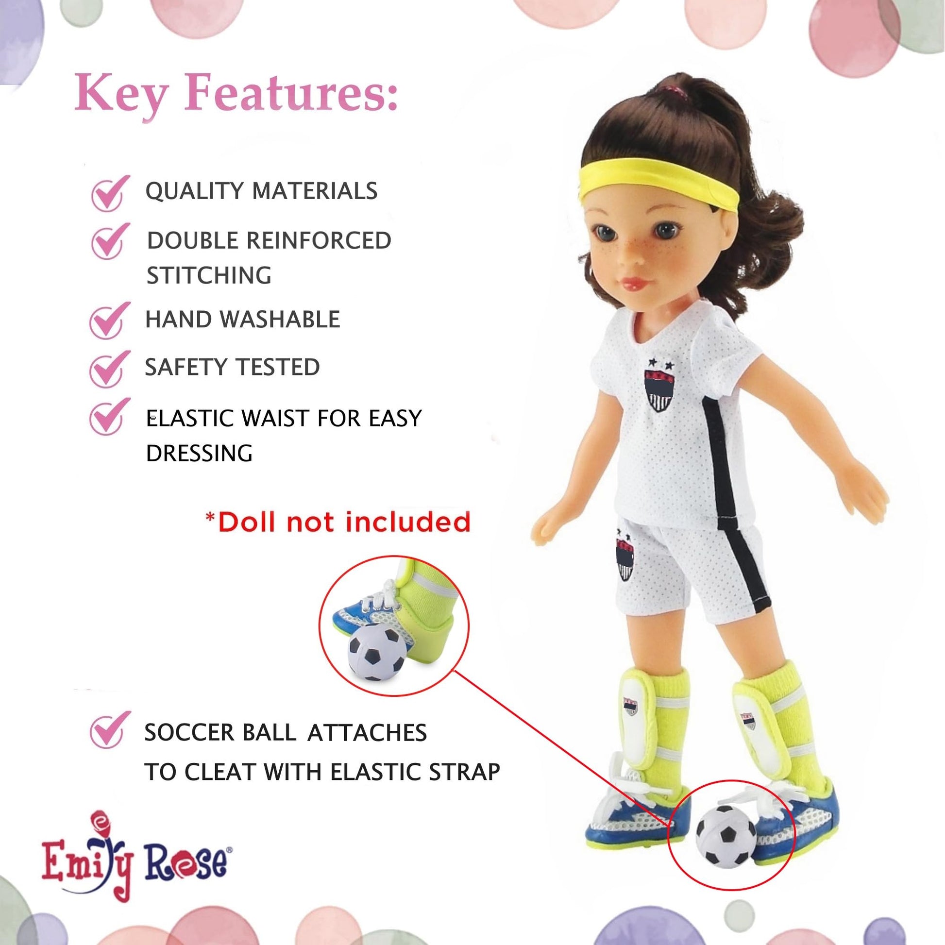 Emily Rose 14 Inch Doll Soccer Uniform 9-PC Set | Doll Clothes Sports Outfit with Socks Shin Guards Cleats Ball Headband Medal & Patriotic Face