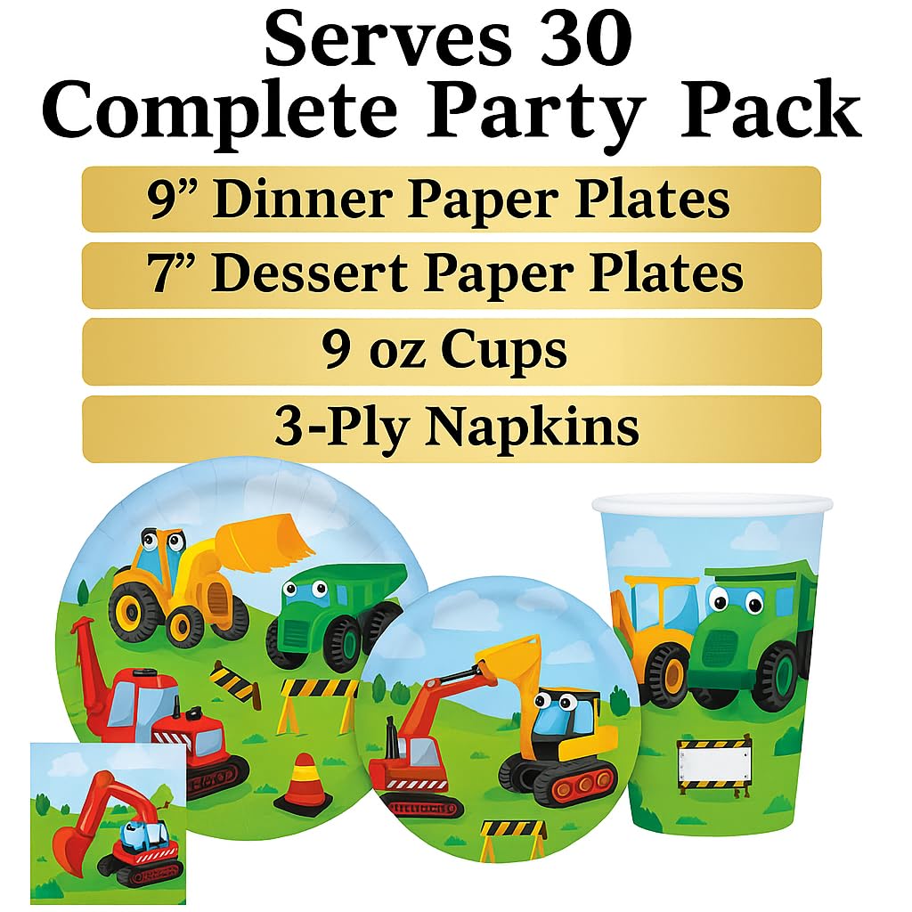 Serves 30 Complete Party Pack Kids Construction Birthday Party Supplies 9" Dinner Paper Plates 7" Dessert Paper Plates 9 oz Cups 3 Ply Napkins