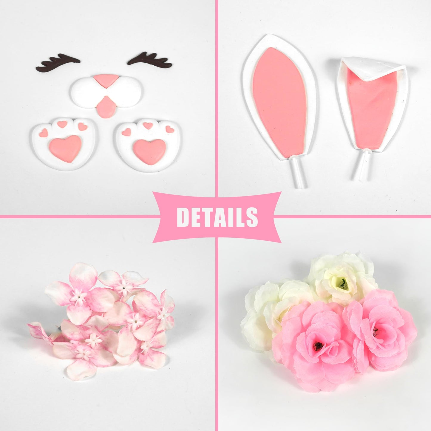 12 PCS Bunny Cake Topper with Ear Foot Flower Eye Nose for Easter Bunny Rabbit Birthday Supplies (Pink)
