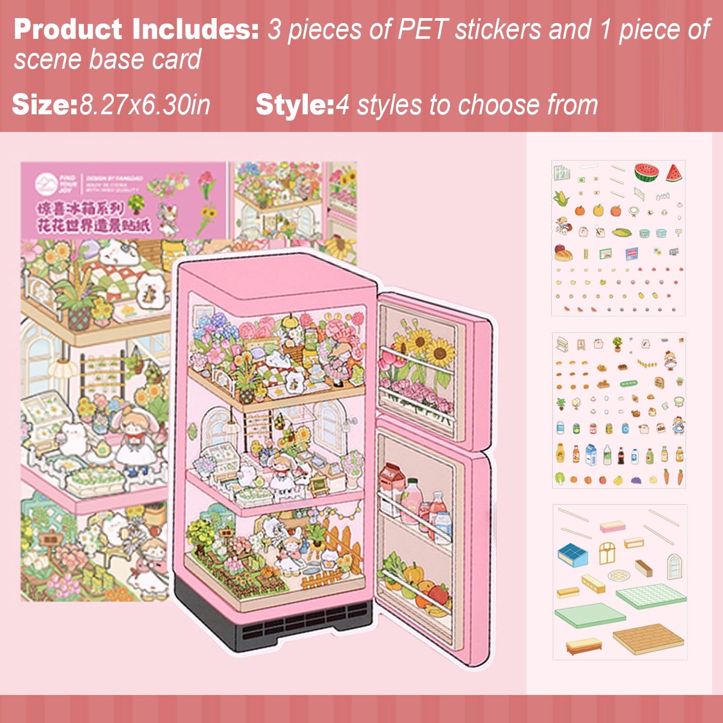 ZSYTZL 4 Sheets 3D DIY Stickers Scene, Cute Miniature Scene Sticker Waterproof Quiet Book with Tweezers Four Seasons Flowers Decorating Phones