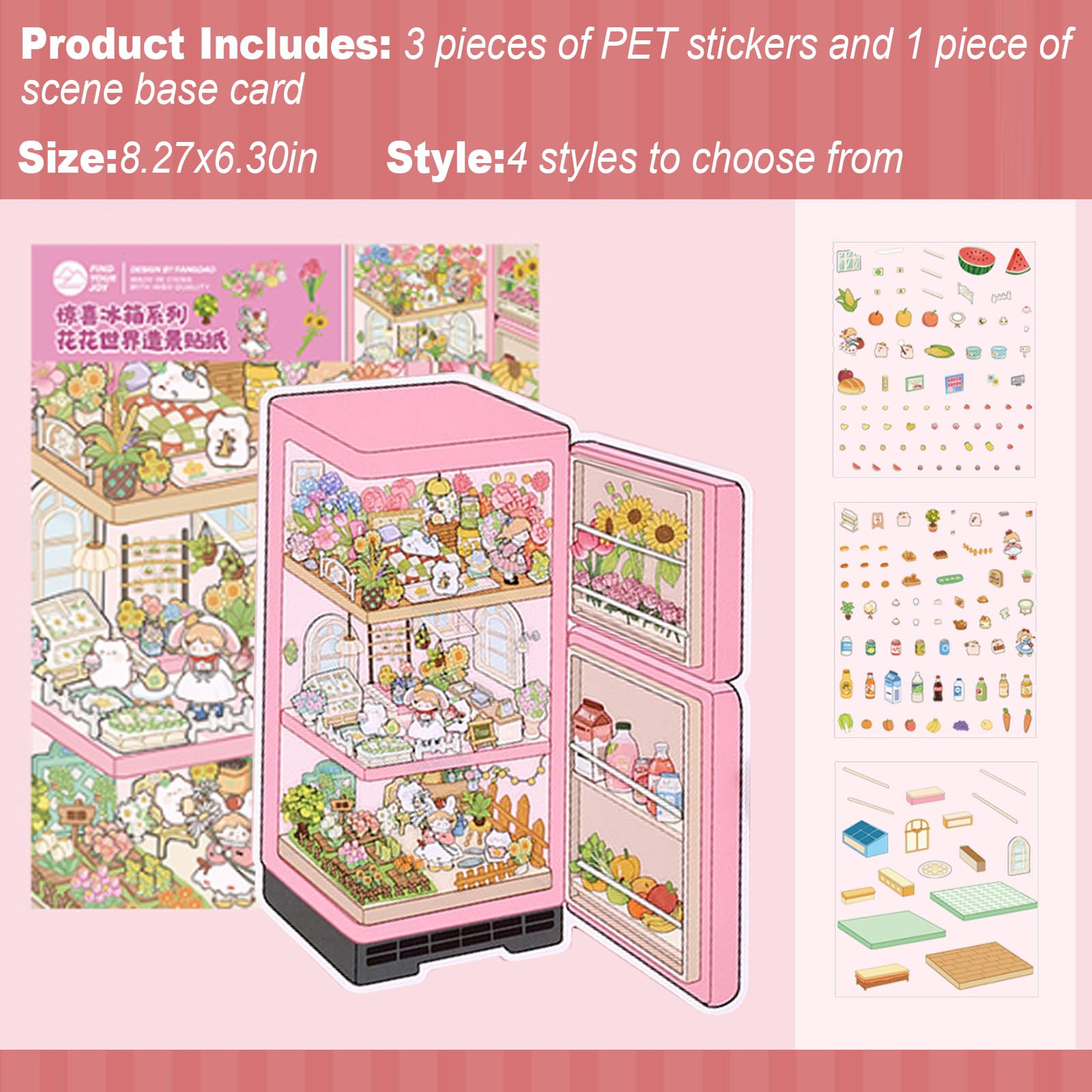 ZSYTZL 4 Sheets 3D DIY Stickers Scene, Cute Miniature Scene Sticker Waterproof Quiet Book with Tweezers Four Seasons Flowers Decorating Phones