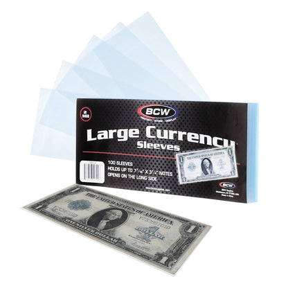 BCW Large Bill Currency Sleeves - 100-Pack | Acid-Free, Archival Safe Polypropylene Sleeves for Collectible Currency | Clear Money Protectors for