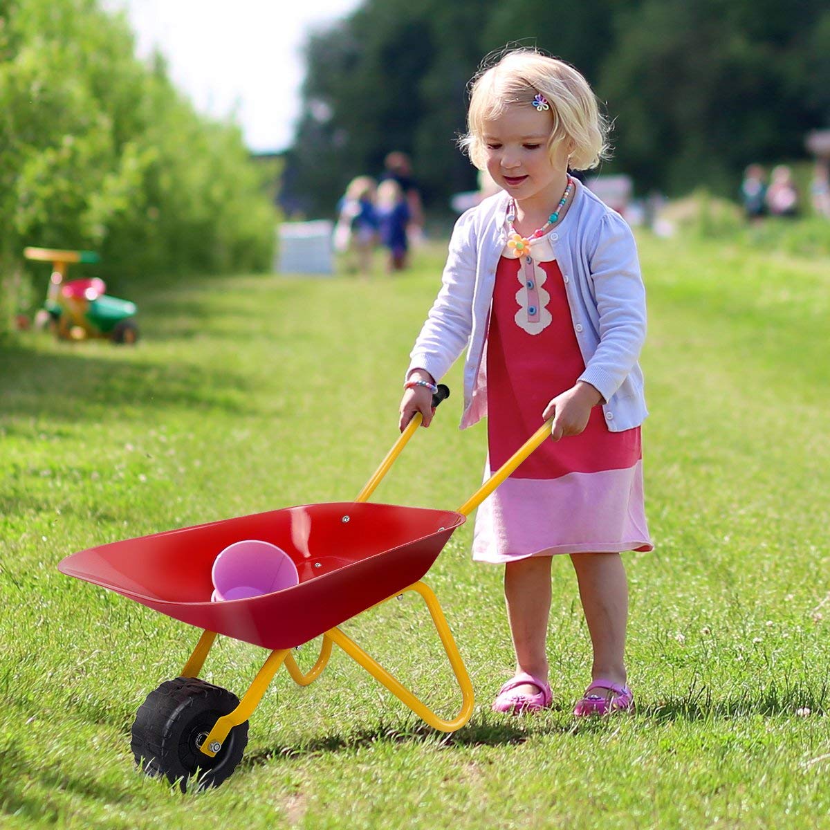 Nightcore Kids Metal Wheelbarrow, Metal Construction Toys Kart, Yard Rover Steel Tray, Tote Dirt, Tools, Leaves in Garden for Toddlers (Red)