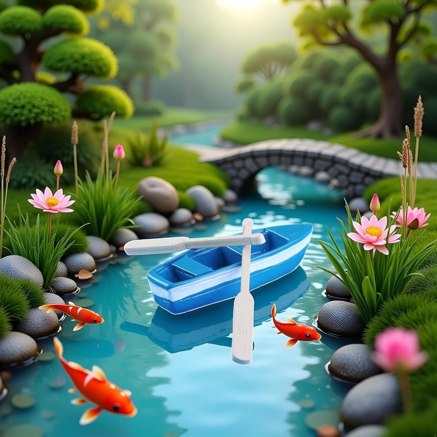 Mini Rowboat Mini Tiny Wooden Boat with Oars for Fairy Garden Kits for DIY Fairy Garden Dollhouse Decoration, Miniature Dollhouse Boat with Oars Canoe