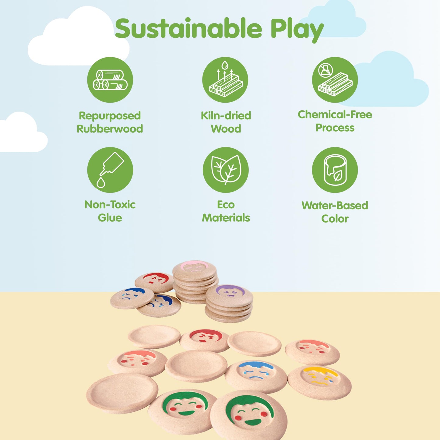 PlanToys® My Mood Memo Wooden Montessori Emotional Recognition and Matching Toy | Social Awareness, Memory Building and Visual Learning Activity | Eco