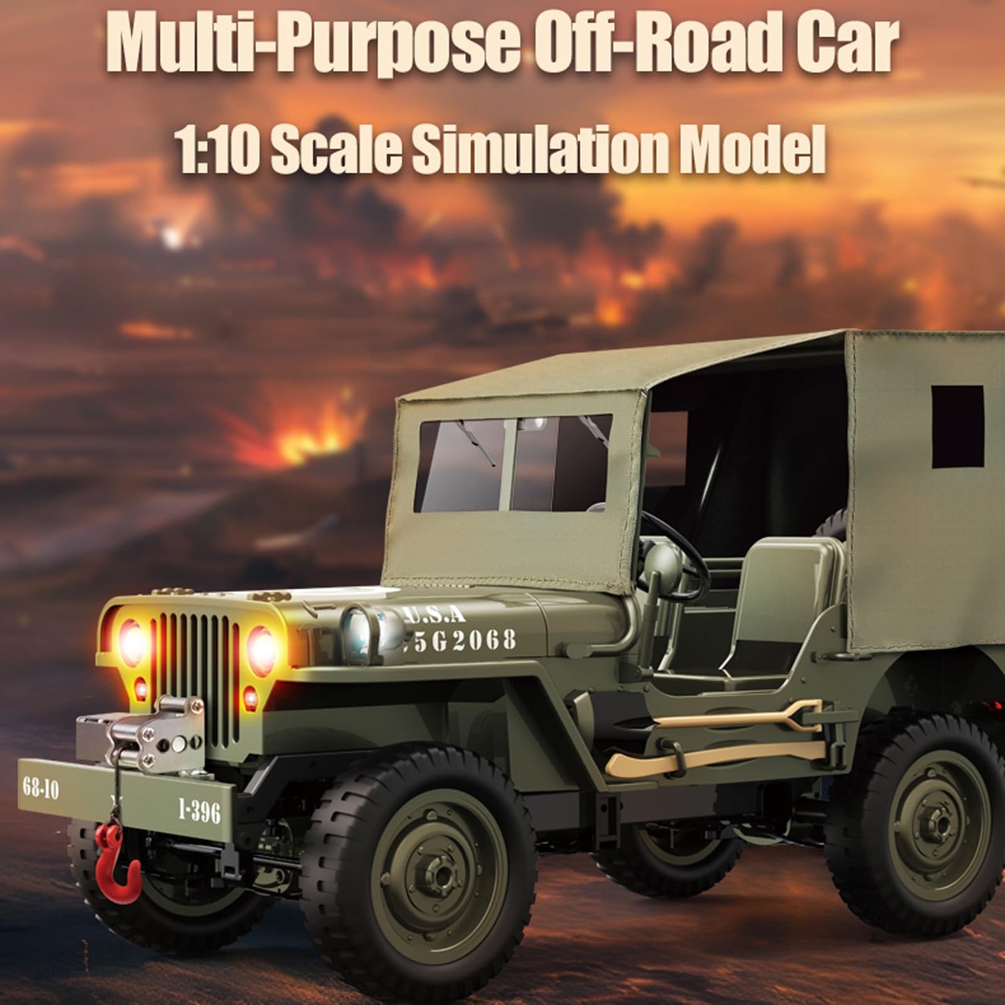 Hylukon RC Crawler, 1:10 Scales Upgraded Willys Military Jeep with Linked Lights Winch & Canvas Cover, 2.4Ghz 4WD Off Road RC Car, All Terrain