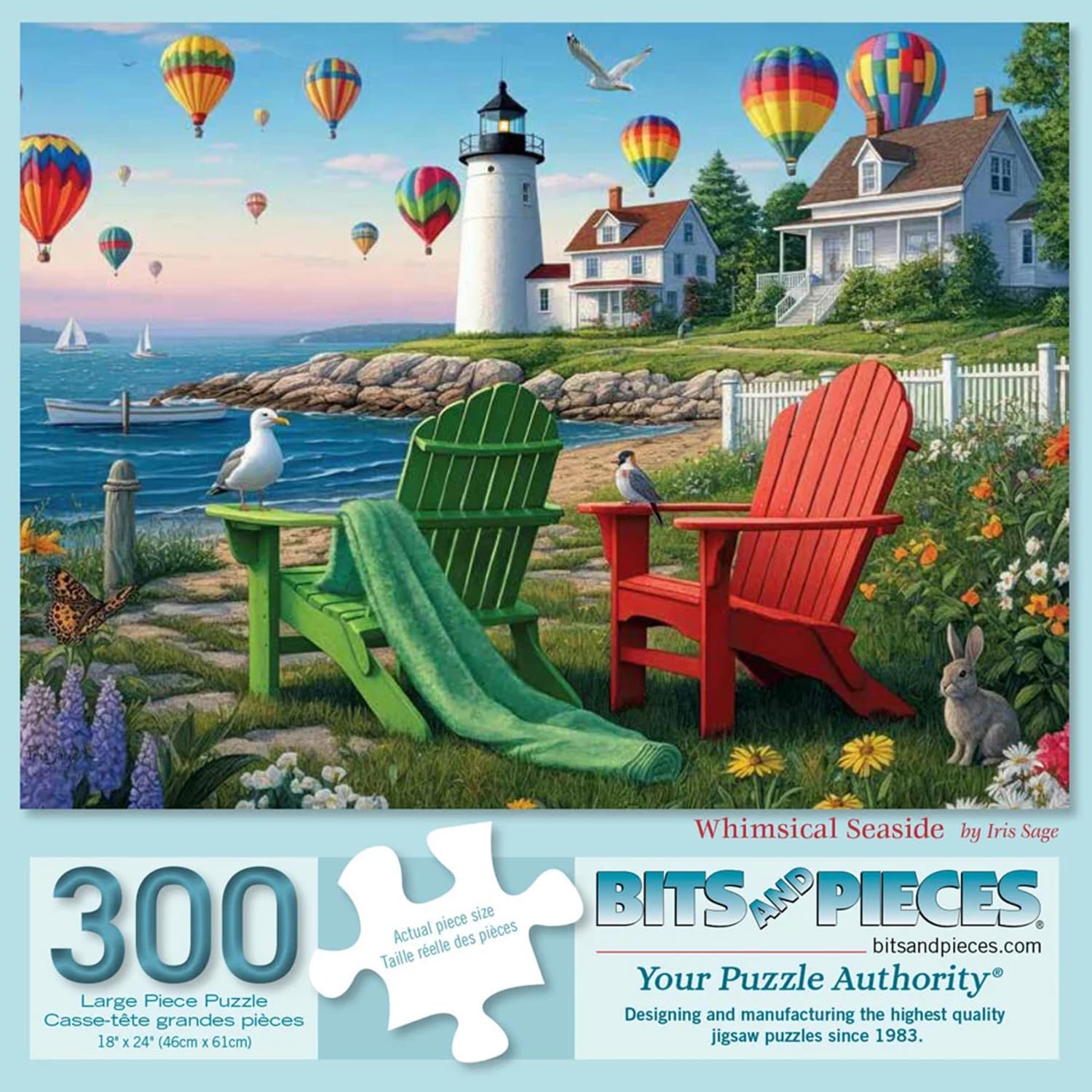 Bits and Pieces 300 Piece Puzzles for Adults - Whimsical Seaside - 300 Large Pieces 18" x 24" Jigsaw Puzzles, Hot Air Balloons Lighthouse Ocean Coast