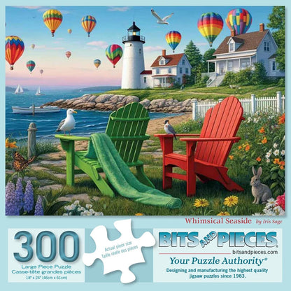 Bits and Pieces 300 Piece Puzzles for Adults - Whimsical Seaside - 300 Large Pieces 18" x 24" Jigsaw Puzzles, Hot Air Balloons Lighthouse Ocean Coast