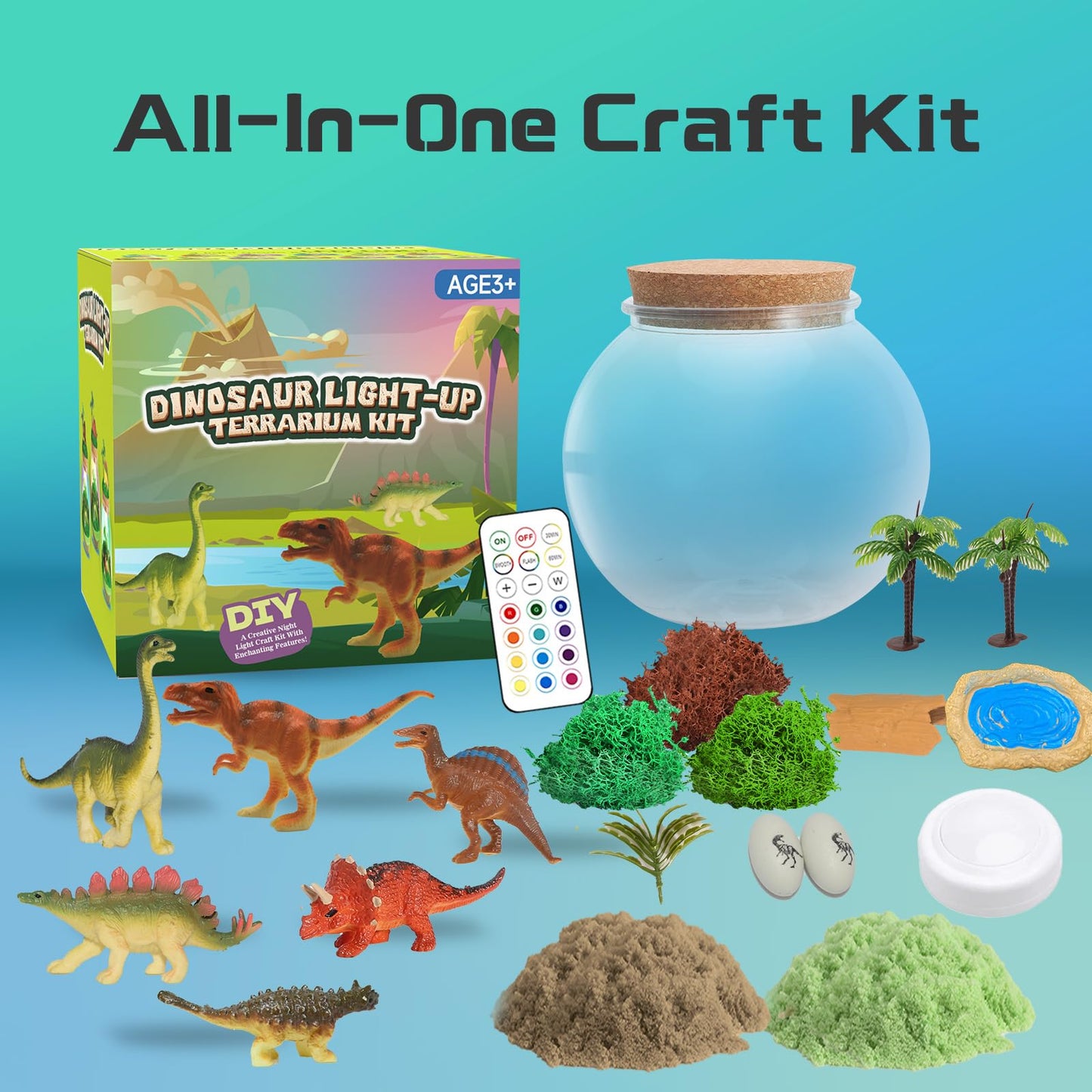 kiddgroo Dinosaur Light-Up Terrarium Kit for Kids- Birthday Gifts for Boys Ages 4 5 6 7 8-12 Year Old- Dinosaur Toys for Boys with Multicolor LED