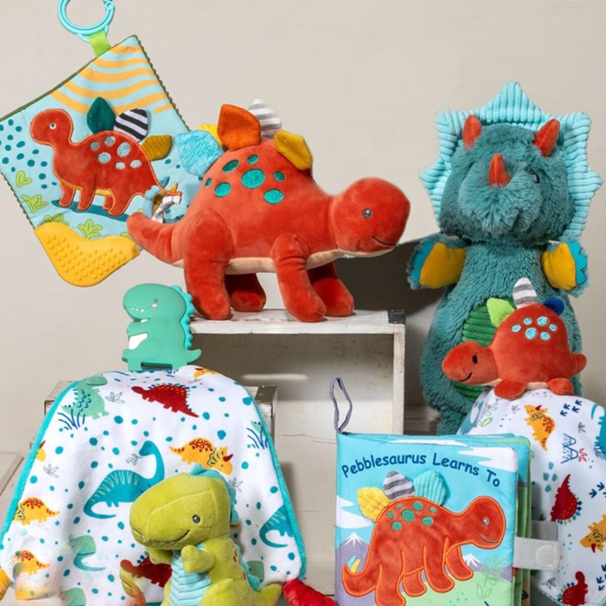 Mary Meyer Soft Cloth Book with Crinkle Paper and Squeaker, 6 x 6-Inches, Pebblesaurus