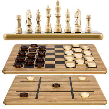 VAMSLOVE Wooden Chess Checkers Tic-Tac-Toe Game Set 11.5" x 11.5" Double-Sided 3 in 1 Board with 34 Chess Pieces - 2 Extra Queens - 24 Interlocking
