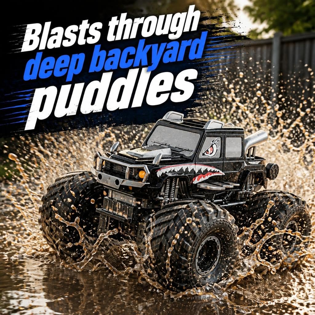WhizzRC Amphibious Remote Control Car, 1:18 4WD Waterproof Shark Monster Truck, 2.4GHz RC Stunt Car with 360 Spins, Rechargeable Pool & All-Terrain
