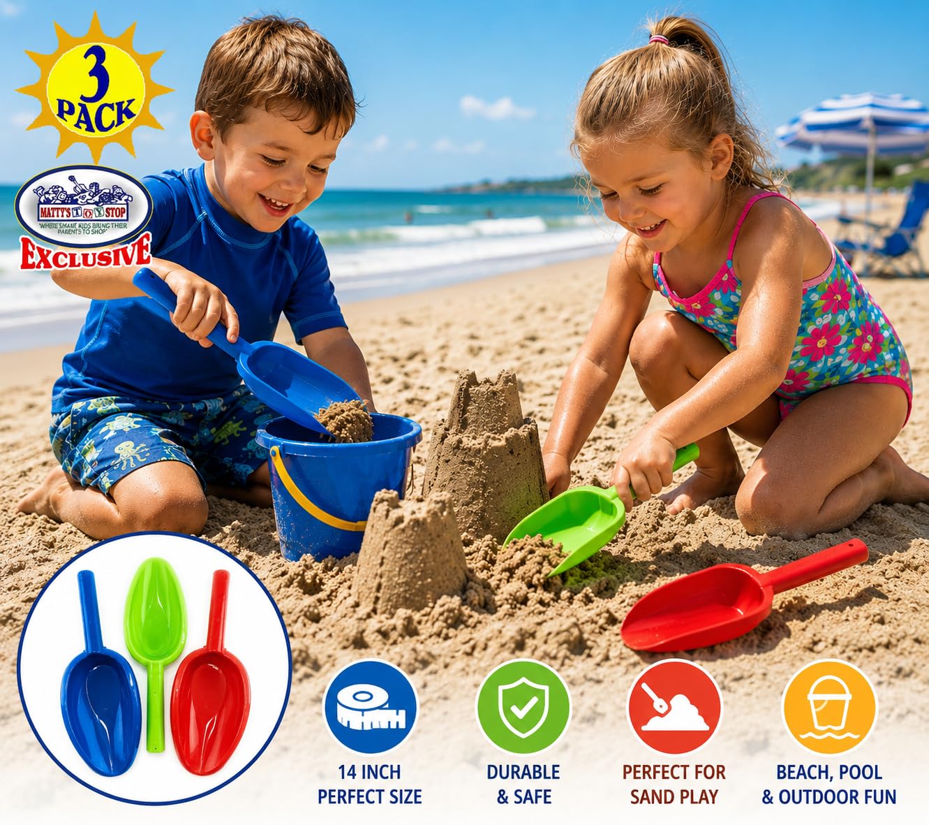 Matty's Toy Stop Kids Sand Shovels for Beach & Sandbox - 3 Pack 14" Long Handle Plastic Sand Scoops, Red Blue Green, Outdoor Beach Toys for Boys