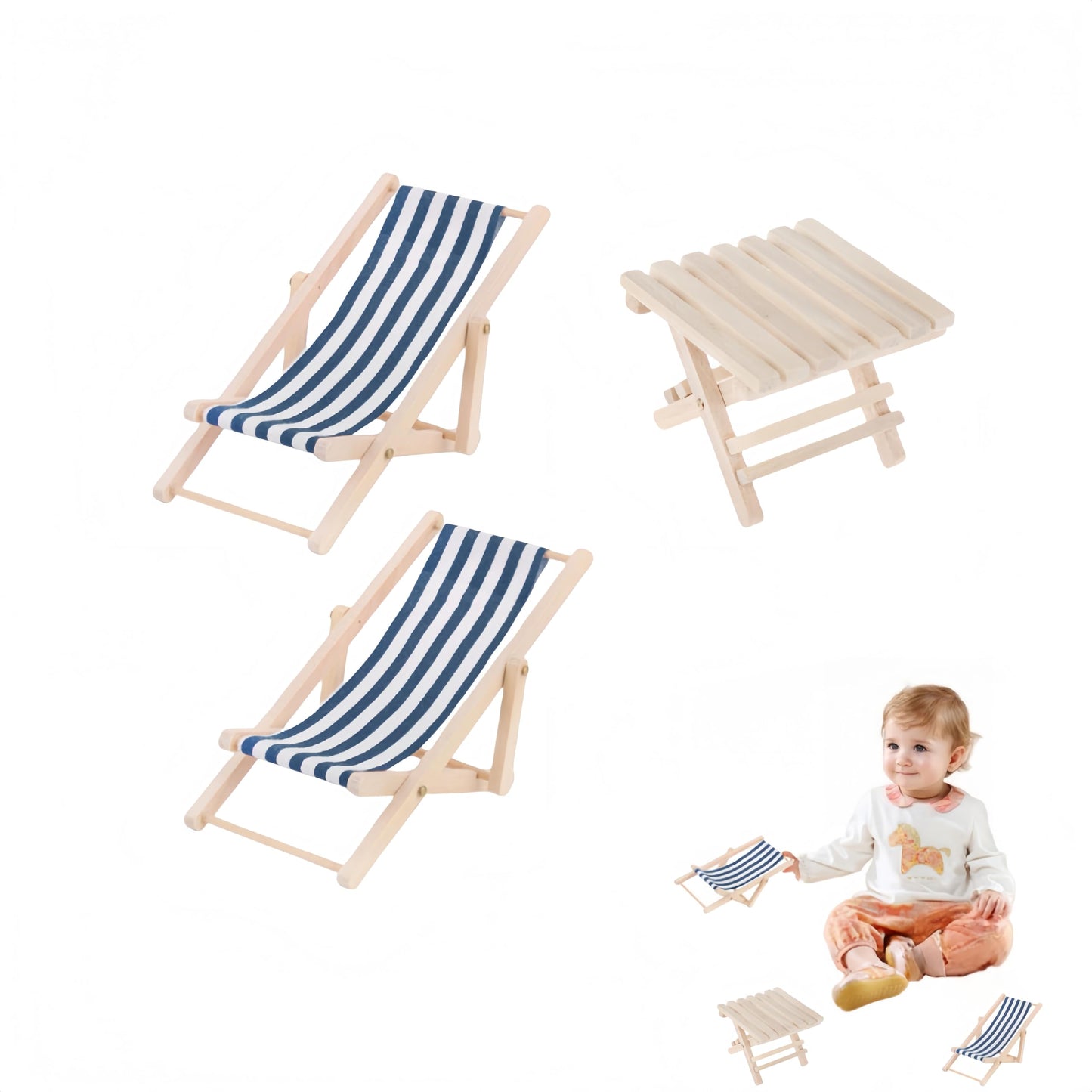 3-Pack Miniature Beach Chair & Table, 1:12 Scale Dollhouse Miniature Beach Furniture Set, Tiny Beach Chairs for Pool Party Decor, Mini Pool Furniture