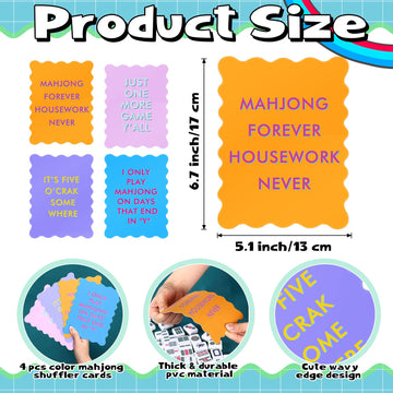 Maitys 4 Pcs Color Mahjong Shuffler Cards with Funny Sayings for Mixing Shuffling Tiles Thick PVC Shufflers with Wavy Scalloped Edges Mahjong