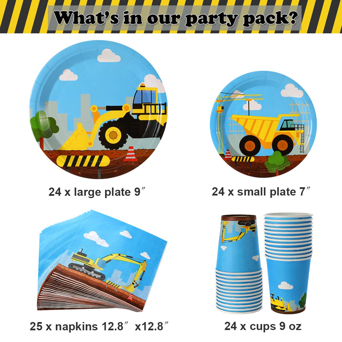 Construction Birthday Party Supplies Set 97 Pieces For Kids- Serves 24 Guest-Digger Truck Party Tableware Kit - Including Dump Truck Plates, Cups