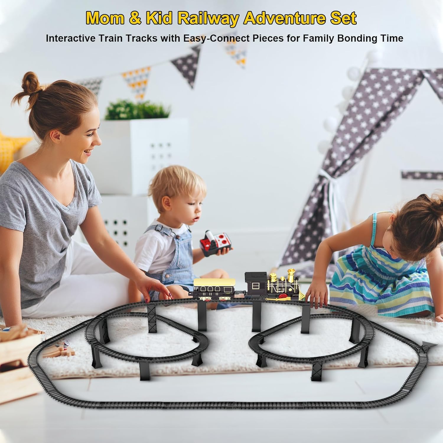 Electric Train Set with 3D Elevated Tracks Music, Locomotive Passenger Carriages, Lights & Quiet Mode Christmas Train for Kids Birthday Gift Holiday