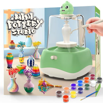 Mini Pottery Wheel for Kids - Fingertip Pottery Painting Craft Kit with 2.3in Turntable, Clay and Flowers, Mess Free Arts & Crafts Toys Birthday